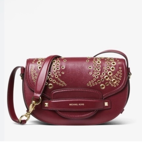 Michael kors Cary medium grommeted saddle bag in burgundy leather - Picture 1 of 13